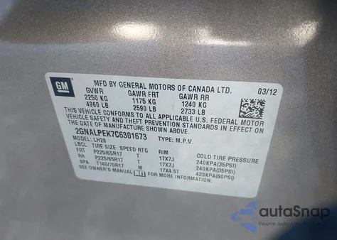 2012 Chevrolet Equinox 2Lt из США, поврежденный, VIN 2GNALPEK7C6301673